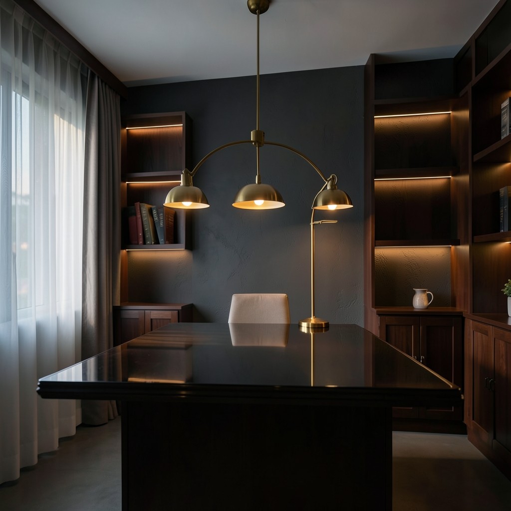 Warm-lit Bangkok studio interior with dark wood shelving and a long work table