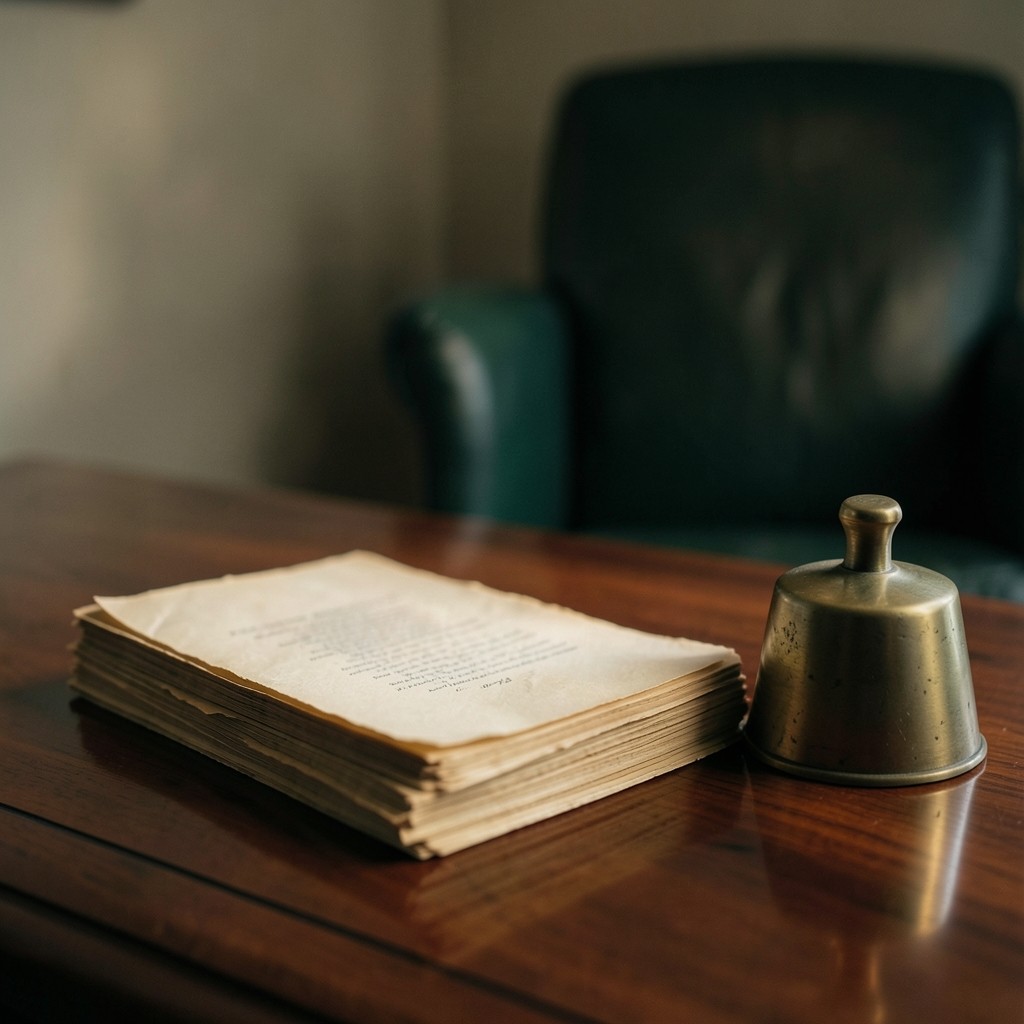 Quiet corner of an office with aging report pages beside a brass paperweight