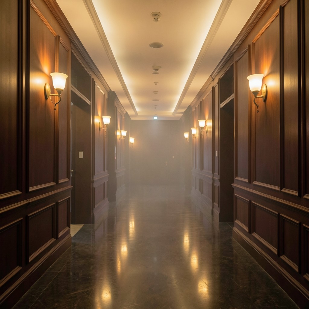 Evening view of a Bangkok office corridor with warm wall sconces and dark wood