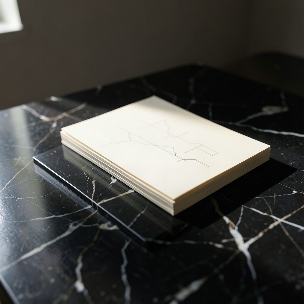Stack of briefing pages on a dark marble surface with soft window light