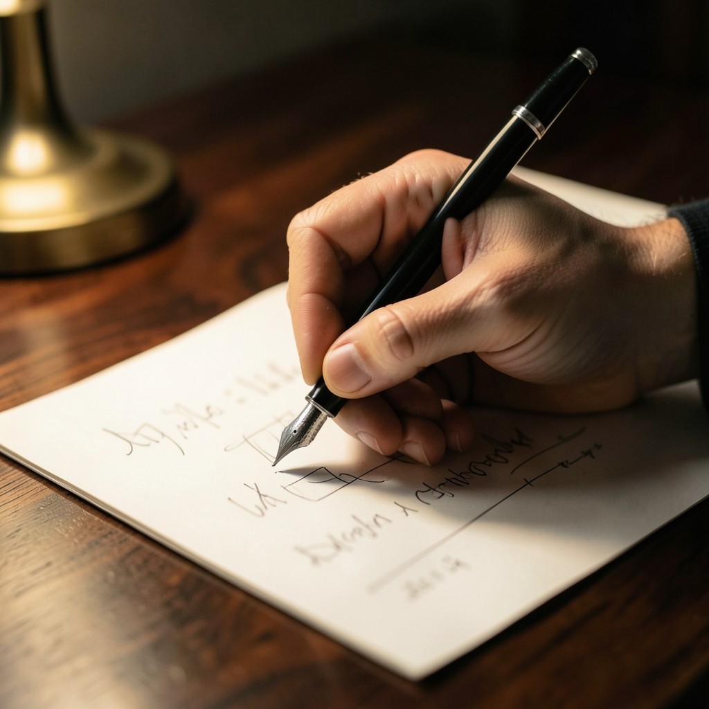 Hands annotating a printed metric dictionary under warm desk lighting