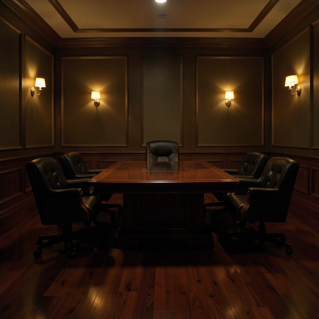 Dim briefing room with leather chairs and soft gold wall light prepared for a weekly readout
