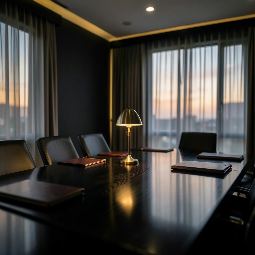 Cinematic dark interior with a long conference table prepared for a service desk briefing