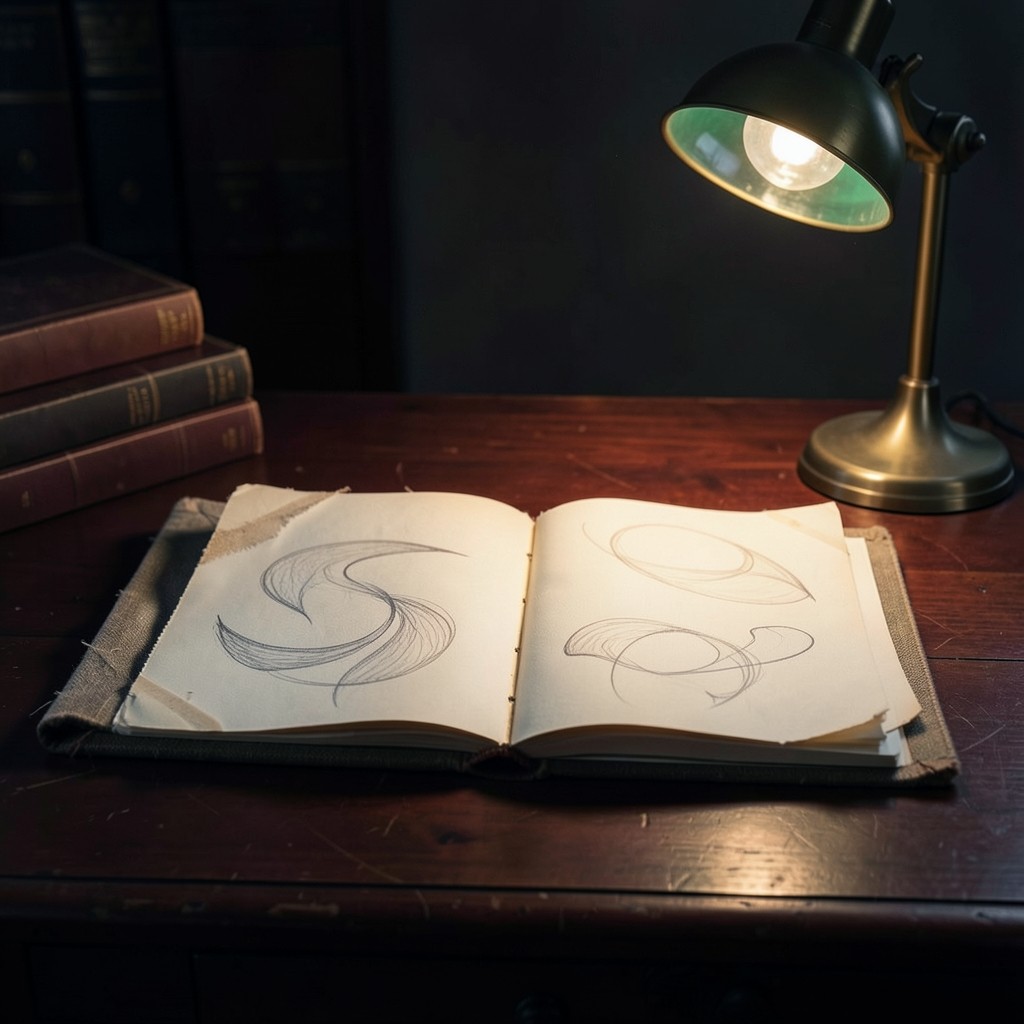 Dimly lit desk with open notebooks and trend sketches beside a brass desk lamp