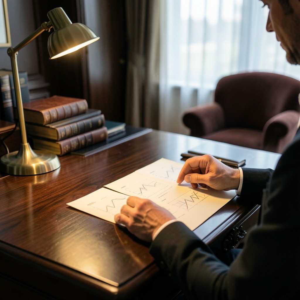 Analyst reviewing printed service desk scorecards at a dark wood desk under warm lamp light