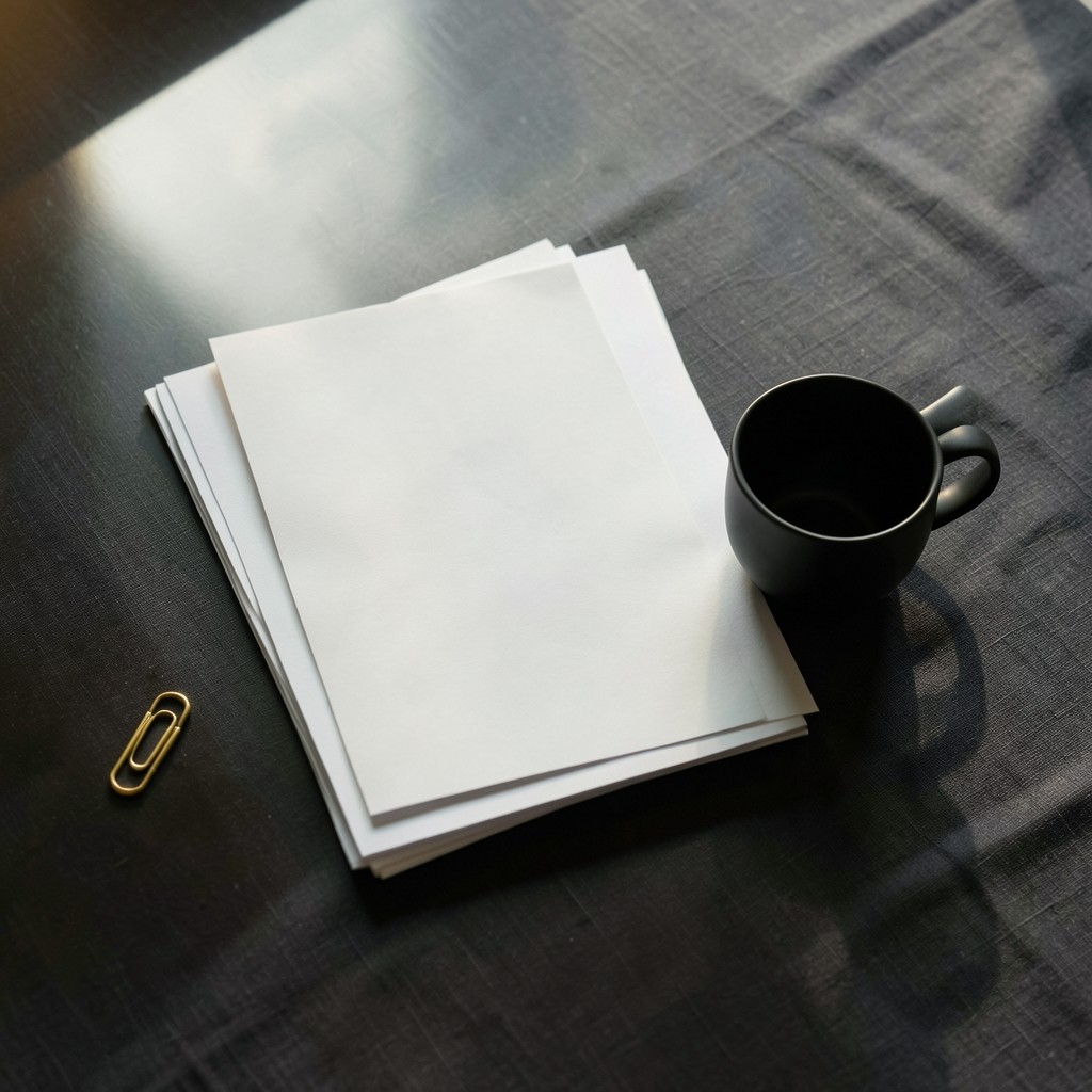 Morning briefing documents arranged beside a ceramic cup on a dark conference table